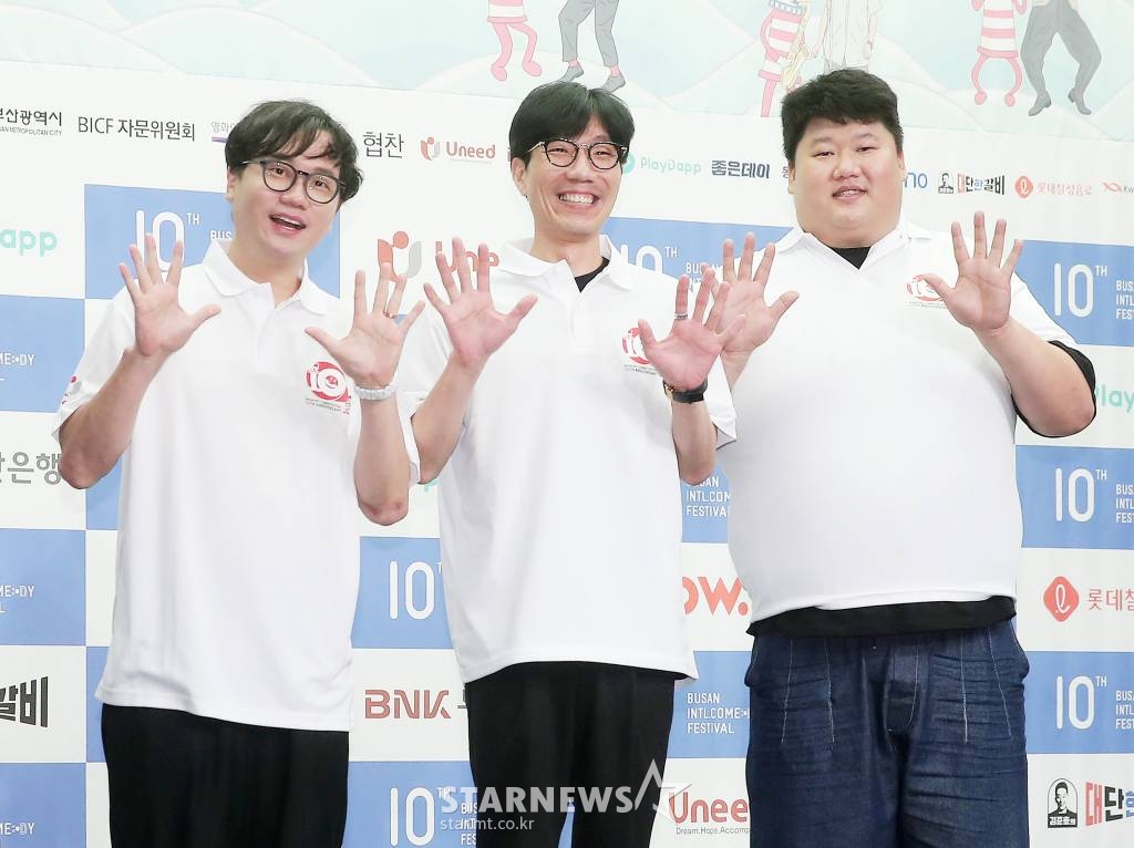 개그맨 안상태, 김회경, 김태원이 3일 오전 서울 마포구 상암동 스탠포드 서울에서 진행된 '제10회 부산 국제 코미디 페스티벌(BICF)'(이하 부코페) 기자회견에 참석해 포즈를 취하고 있다. '제10회 부코페'는 오는 19일부터 28일까지 열흘간 부산 전역에서 진행된다. 2022.08.03 /사진=김창현 기자 chmt@