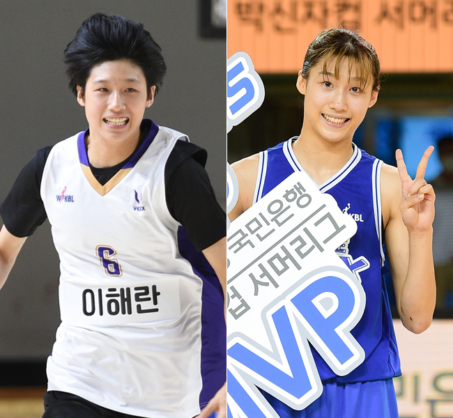 지난해 수피아여고 시절 WKBL 드래프트 컴바인 당시(왼쪽)와 1년 뒤 컵대회 MVP에 오른 이해란. /사진=WKBL