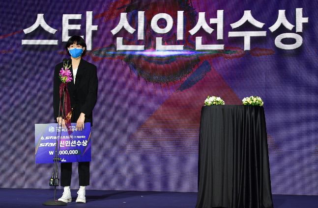 지난 3월 2021~2022 여자프로농구 정규리그 시상식에서 신인선수상을 받은 이해란. /사진=WKBL