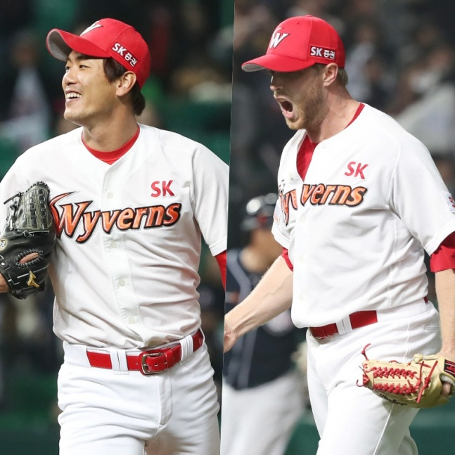 KBO 시절 김광현(왼쪽)과 메릴 켈리./사진=SSG 랜더스