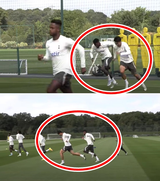 'EPL 득점왕' 손흥민이 팀 동료 에메르송 로얄과 장난스럽게 스프린트 대결을 펼치고 있다. /사진=해이터스TV 캡처