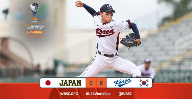 한국의 승리를 알리는 WBSC 공식 SNS. 사진은 한국의 선발 투수 김정운. /사진=WBSC 공식 SNS 갈무리