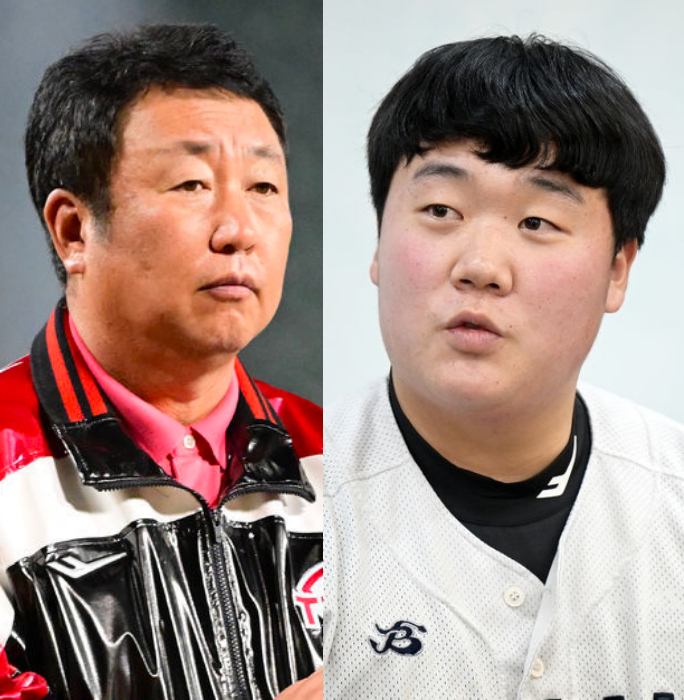 차명석(왼쪽) LG 트윈스 단장과 2023 LG 신인 포수 김범석. /사진=OSEN