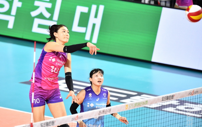 김연경(왼쪽)이 강스파이크를 날리고 있다. /사진=KOVO