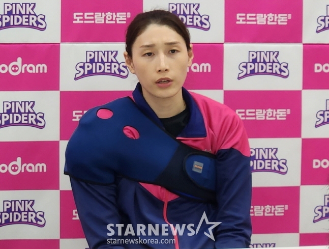 김연경이 경기 후 인터뷰에서 은퇴 관련 질문에 답하고 있다. /사진=안호근 기자