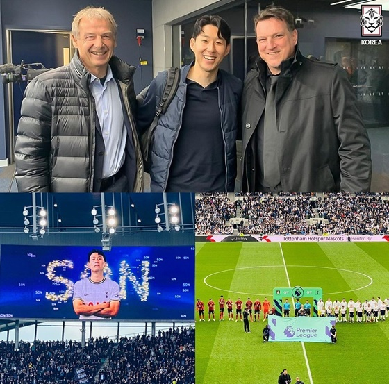 손흥민(가운데)을 만난 위르겐 클린스만 감독(왼쪽). /사진=대한축구협회