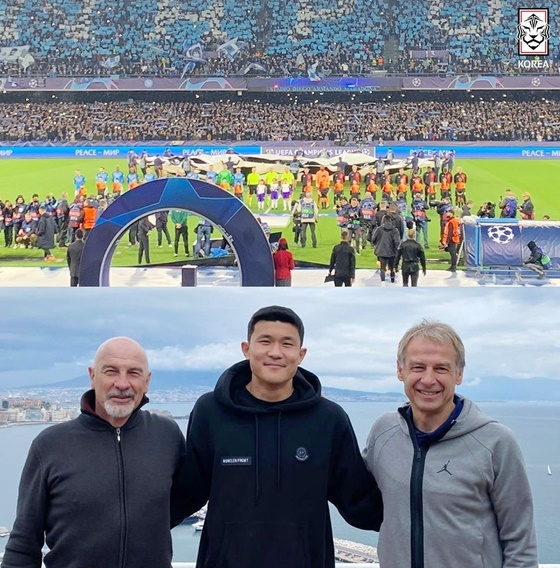 김민재(가운데)를 만난 위르겐 클린스만 감독(오른쪽). /사진=대한축구협회