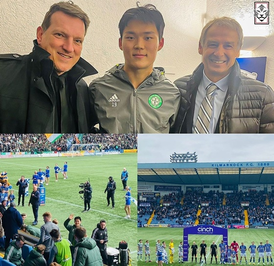 오현규(가운데)를 만난 위르겐 클린스만 감독(오른쪽). /사진=대한축구협회