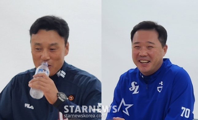 이승엽 두산 감독(왼쪽부터)과 박진만 삼성 감독이 25일 맞대결 취소 후 가진 인터뷰에서 환한 미소를 보이고 있다. /사진=안호근 기자
