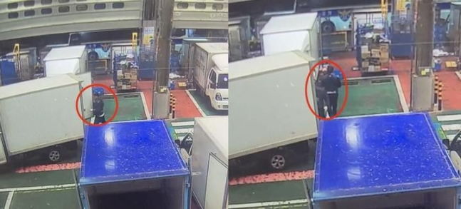 지난 25일 저녁, 택배노조 간부 B씨가 배송 차량 적재함에 불법으로 탑승해 잠입한 모습이 CCTV에 포착됐다.