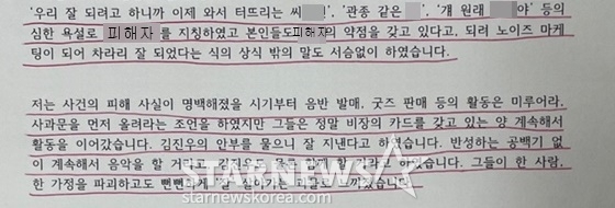 래퍼 뱃사공 소속 크루 리짓군즈 측근이 A씨를 위해 작성한 탄원서 /사진=스타뉴스