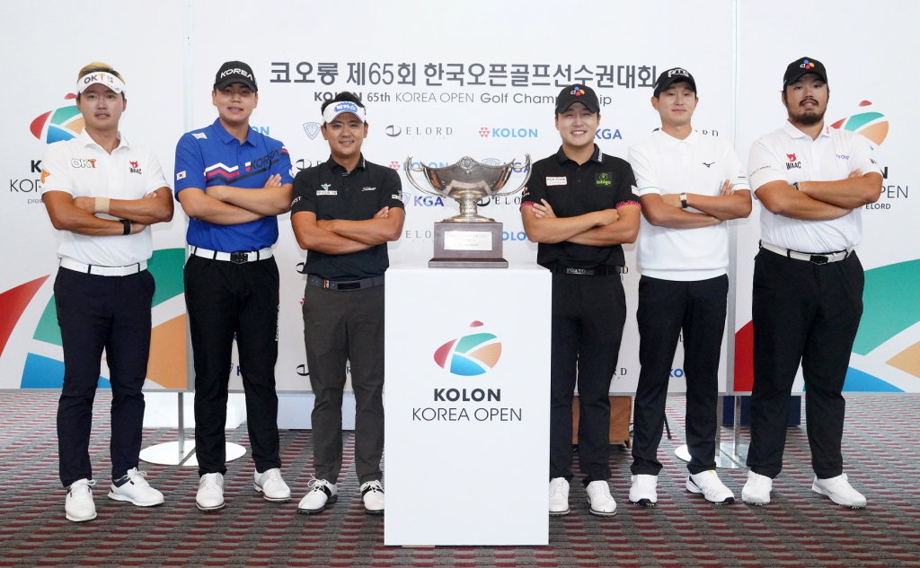 21일 코로롱 한국오픈 포토콜에 참석한 이태희(왼쪽부터), 장유빈, 박상현, 김민규, 양지호, 정찬민. /사진=대회조직위