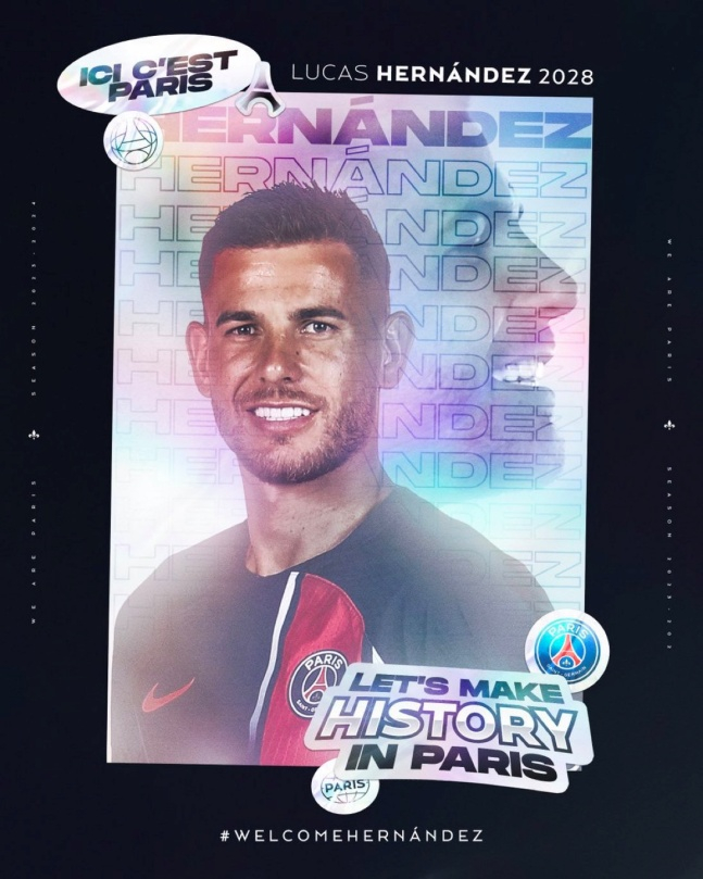 9일(한국시간) 발표된 PSG 유니폼을 입은 뤼카 에르난데스의 모습. /사진=파리 생제르맹 구단 공식 SNS