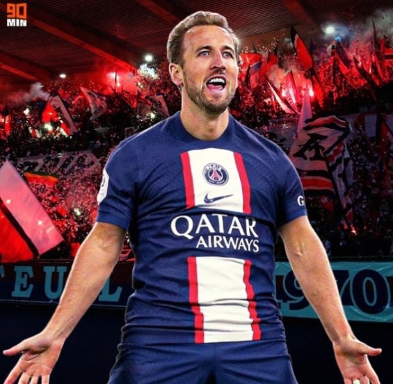 PSG 유니폼을 입은 장면이 합성된 케인. /사진=90min 홈페이지