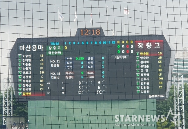 장충고-마산용마고 선발 라인업이 표기된 목동야구장 전광판./사진=김동윤 기자