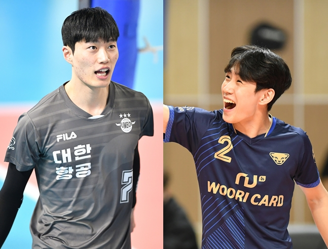 대한항공 이준(왼쪽)과 우리카드 한태준. /사진=KOVO