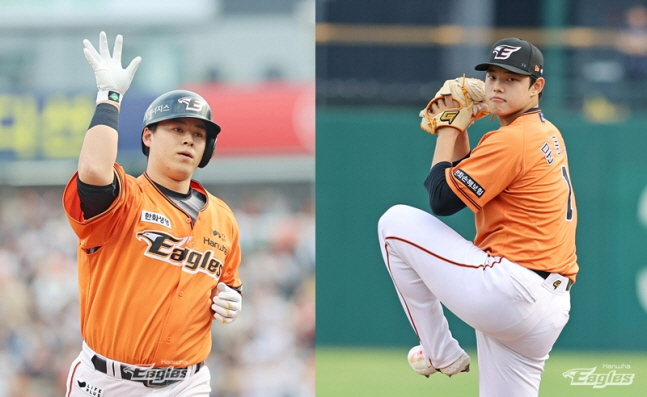 12일 두산전 1회말 홈런을 날린 노시환(왼쪽)과 선발로 호투를 펼친 문동주. /사진=한화 이글스