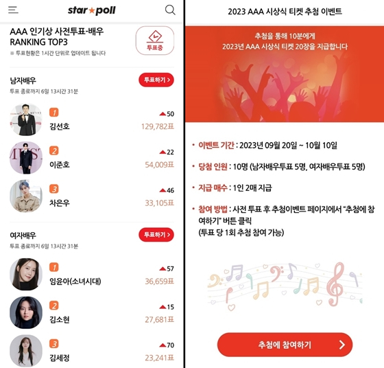 '2023 Asia Artist Awards IN THE PHILIPPINES' 티켓 당첨 이벤트가 진행 중이다. '2023 AAA' 인기상 사전투표-배우'를 통해 이벤트에 참여할 수 있다. /사진=스타폴