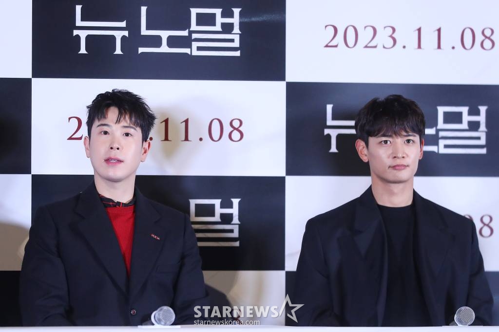배우 표지훈, 최민호가 27일 오후 서울 용산구 아이파크몰 CGV에서 진행된 영화 '뉴 노멀' 언론시사회 및 기자간담회에 참석해 포즈를 취하고 있다. '뉴 노멀'은 공포가 일상이 되어 버린 새로운 시대에 도착한 웰메이드 말세 스릴러다. 2023.10.27 /사진=김창현