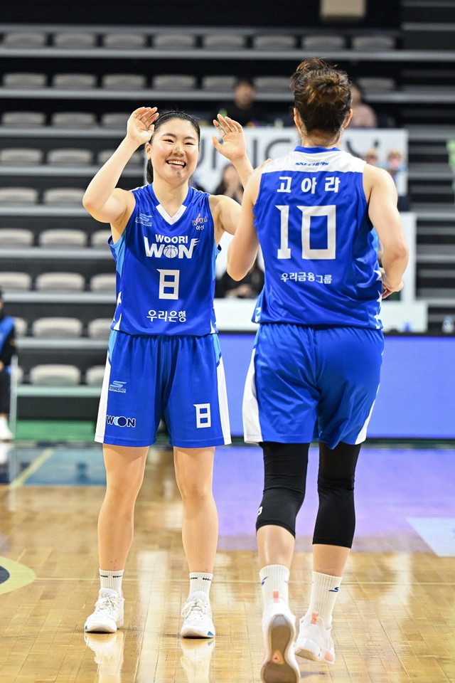 기뻐하는 나윤정(왼쪽)과 고아라. /사진=WKBL 제공