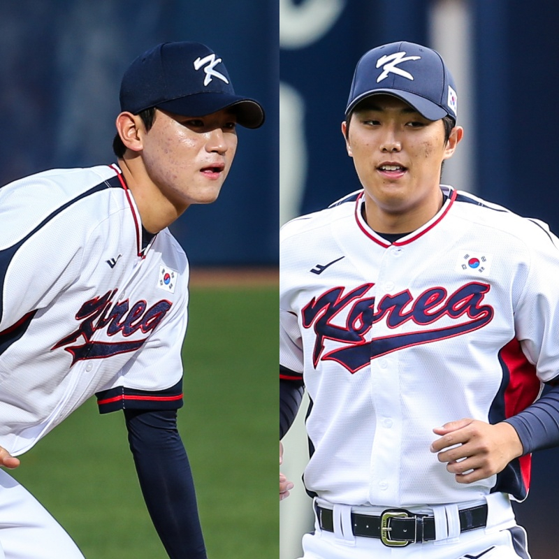 김도영(왼쪽)과 이의리가 6일 대구삼성라이온즈파크에서 열린 2023 APBC 대비 훈련에 참여하고 있다. /사진=KBO