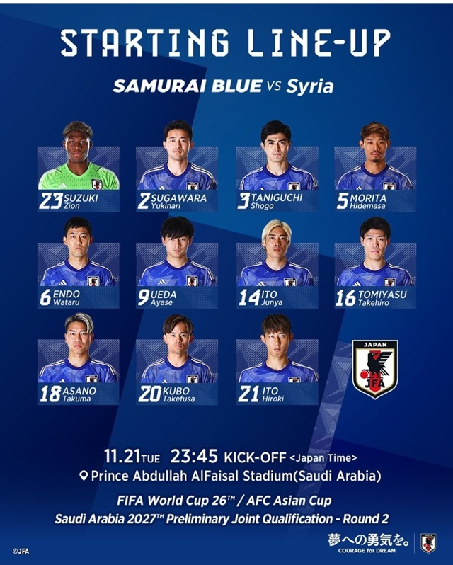 일본의 시리아전 선발 명단. /사진=일본축구협회 SNS