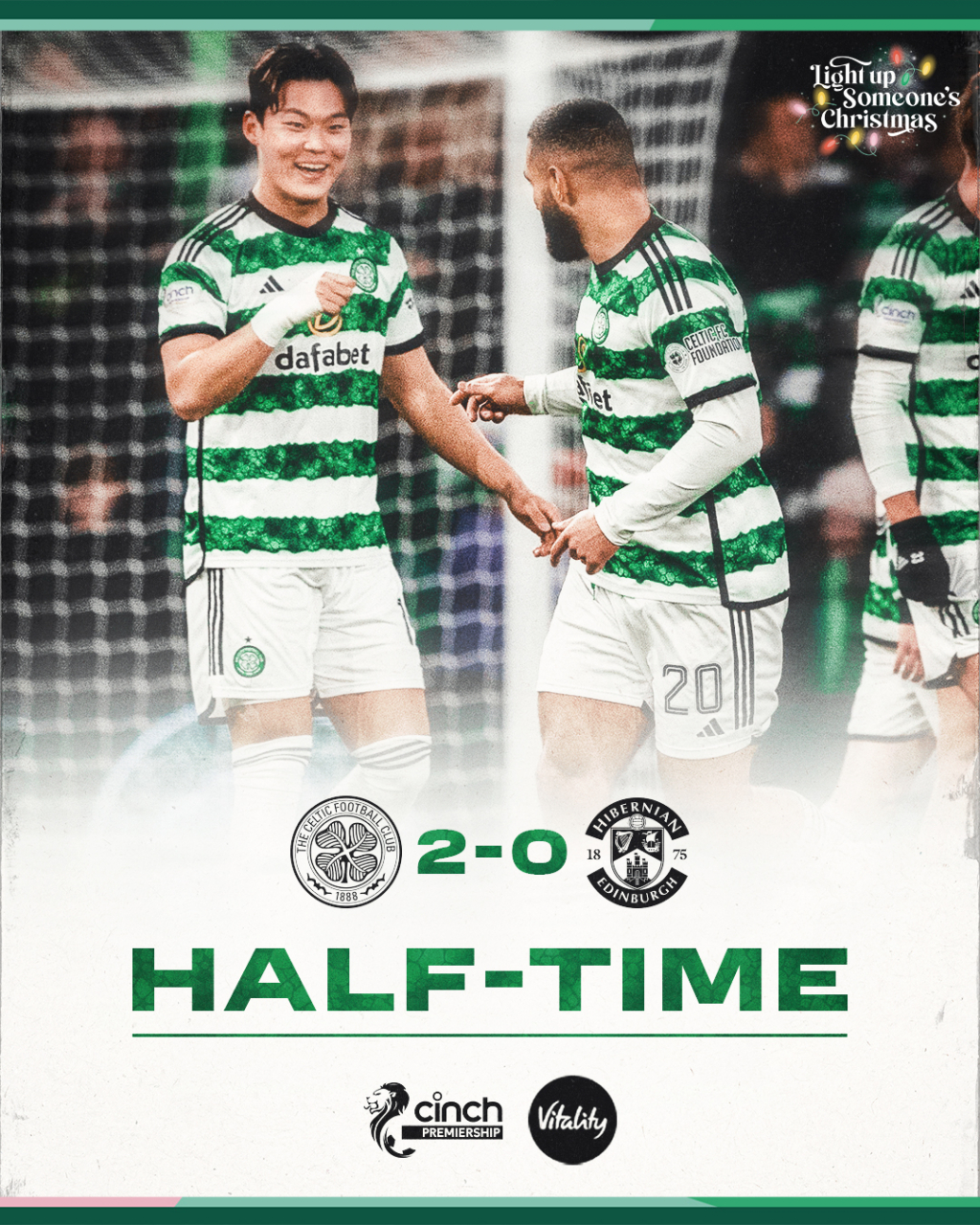 셀틱이 하이버니언전 전반전을 2-0으로 마쳤음을 알렸다. /사진=셀틱 공식 SNS