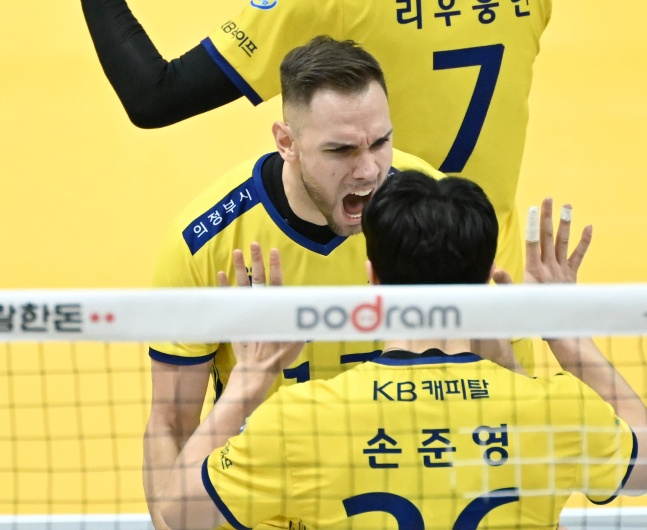 KB손해보험의 안드레스 비예나(가운데)가 9일 경기도 의정부체육관에서 열린 도드람 2023~2024 V리그 남자부 정규시즌 4라운드 대한항공과 경기에서 득점 후 포효하고 있다. /사진=한국배구연맹