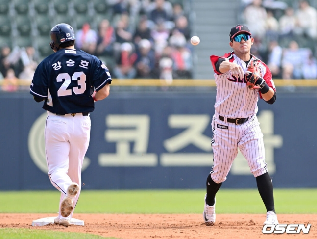 지난해 유격수로 나온 김민성(오른쪽).