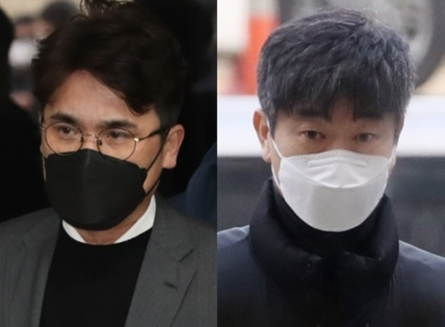 30일 서울중앙지방법원에 들어서는 장정석(왼쪽) 전 단장과 김종국 전 감독. /사진=뉴스1
