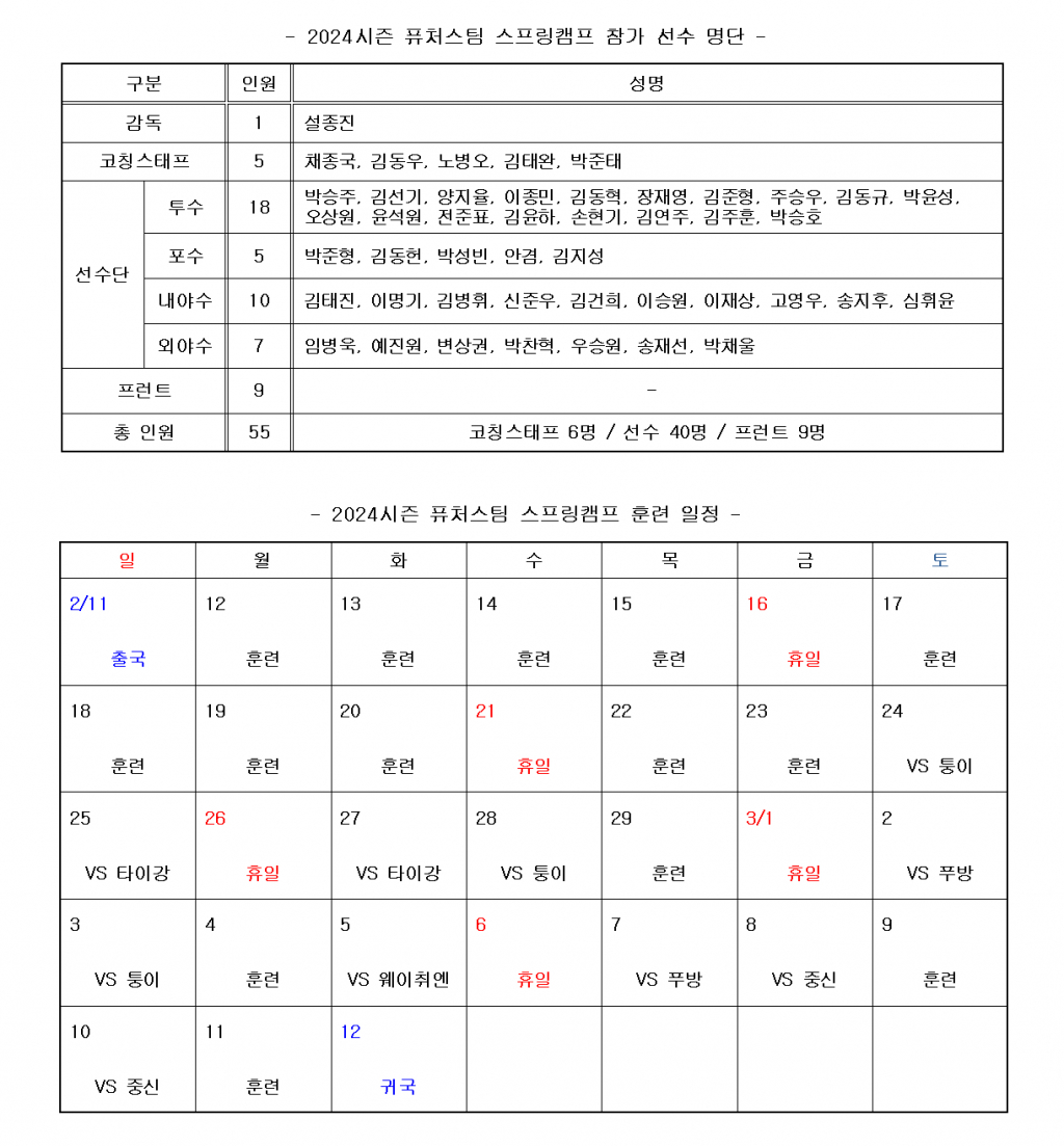 2024 키움 퓨처스 스프링캠프 훈련 일정. /사진=키움 히어로즈