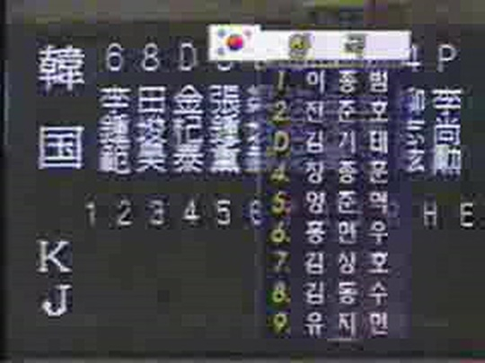 1995년 한일 슈퍼게임 1차전 한국 라인업. 장종훈 전 코치가 4번 타자, 류지현 위원이 9번 타자로 출전했다. /사진=중계화면 갈무리