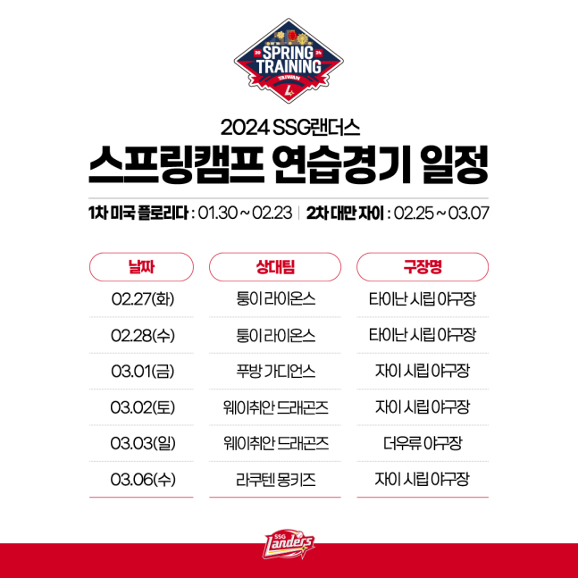 2024 SSG 랜더스 대만 스프링캠프 연습경기 일정. /사진=SSG 랜더스