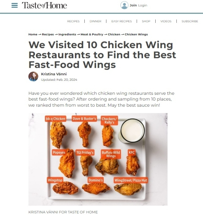 BBQ 치킨이 미국 푸드 전문 매거진 '테이스트 오브 홈'을 통해 '최고의 후라이드 치킨'으로 선정됐다