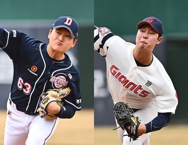 두산 김택연(왼쪽)과 롯데 전미르가 11일 부산 사직야구장에서 열린 2024 신한 SOL Bank KBO 리그 시범경기에서 투구하고 있다.