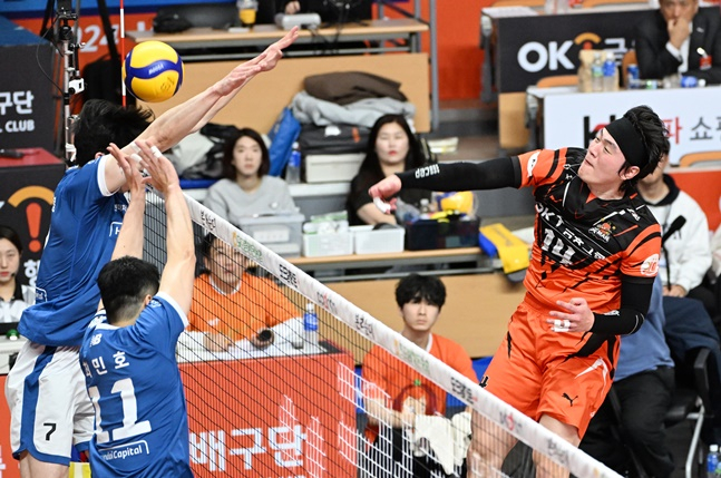 안산 OK금융그룹 송희채(오른쪽)가 21일 경기도 안산 상록수체육관에서 열린 현대캐피탈과 도드람 2023~2024 V리그 남자부 준플레이오프(준PO) 단판 승부에서 득점하고 있다. /사진=KOVO