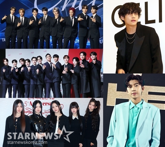 NCT 127(사진 왼쪽 위부터 시계방향으로), 뷔, 임영웅, 뉴진스, 세븐틴/사진=스타뉴스, 물고기뮤직(임영웅 사진)