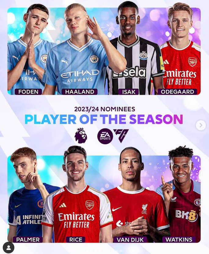 EPL 사무국은지난 9일(한국시간) 공식 채널을 통해 '2023~24시즌 EPL 올해의 선수' 후보 8인을 발표했다. 엘링 홀란드, 필 포든(이상 맨체스터 시티), 마르틴 외데고르, 데클란 라이스(이상 아스널), 콜 팔머(첼시), 버질 반 다이크(리버풀), 알렉산더 이삭(뉴캐슬), 올리 왓킨스(아스톤 빌라)가 선정됐다. /사진=EPL 공식 SNS