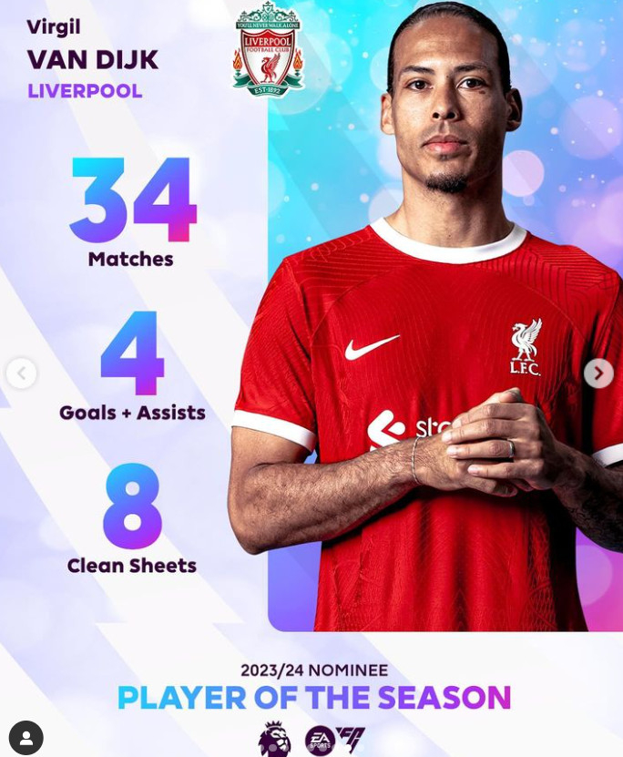 2023~24시즌 EPL 올해의 선수 후보 8인에 뽑힌 버질 반 다이크. /사진=EPL 공식 SNS