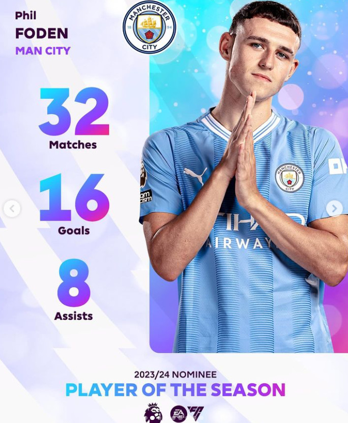 2023~24시즌 EPL 올해의 선수 후보 8인에 뽑힌 필 포든. /사진=EPL 공식 SNS