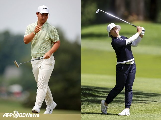 김주형(왼쪽)과 양희영이 23일 PGA, LPGA 대회에서 샷을 펼치고 있다. /AFPBBNews=뉴스1