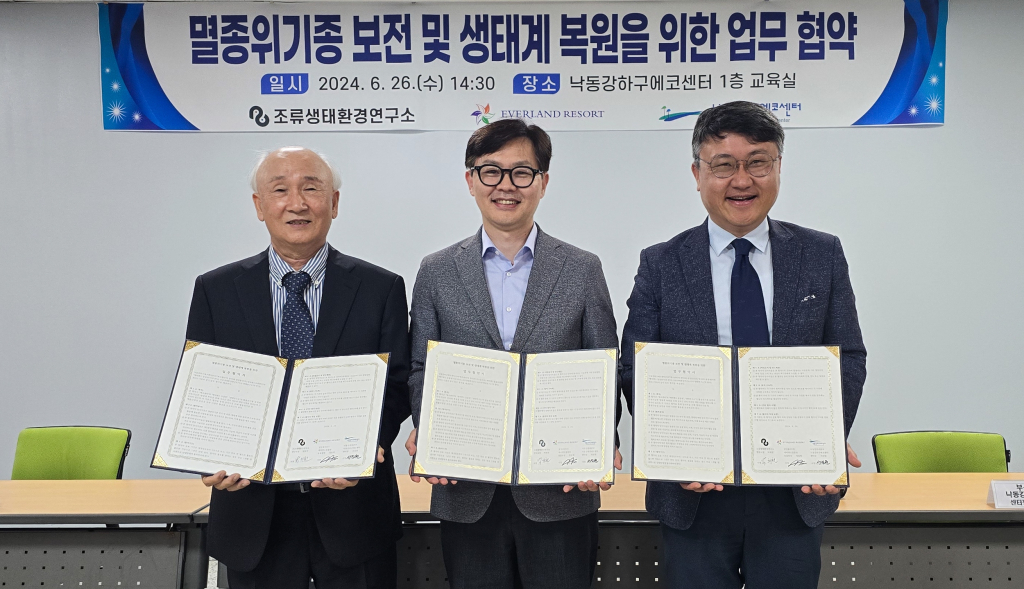 26일 낙동강하구에코센터에서 에버랜드 정동희 주토피아팀장(동물원장, 사진 가운데), 낙동강하구에코센터 서진원 센터장(사진 오른쪽), 조류생태환경연구소 박희천 소장 등 3개 기관 10여명이 참석한 가운데 「멸종위기종 보전 및 생태계 복원 업무협약」을 맺었다.