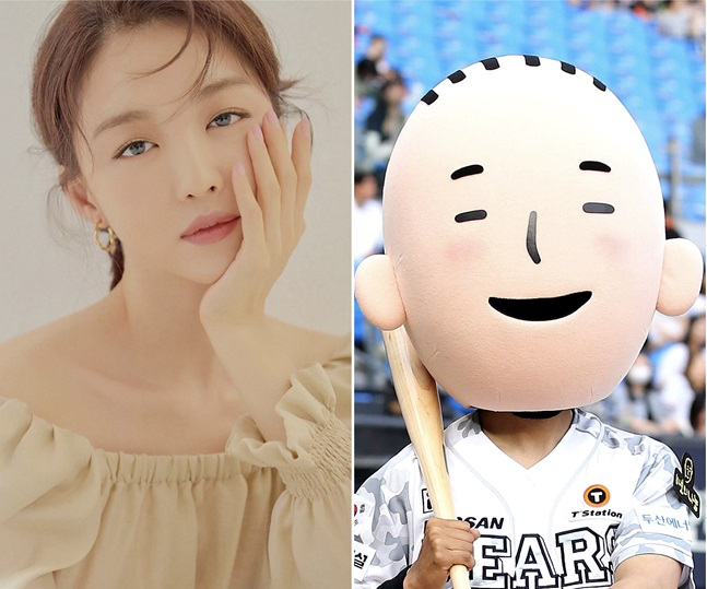 4일 경기 시구자로 나서는 배우 장희진(왼쪽), 오른쪽은 김수환 추기경의 자화상에서 나온 바보의나눔 캐릭터. /사진=두산 베어스 제공
