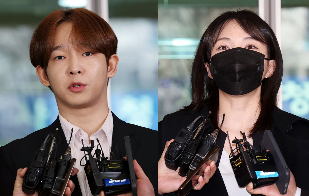 [서울=뉴시스] 홍효식 기자 = 마약 투약 혐의를 받는 가수 남태현(왼쪽)과 방송인 서민재가 18일 오전 서울 마포구 서울서부지방법원에서 열린 선고 공판에서 집행유예 선고를 받은 뒤 취재진 질문에 답하고 있다. 2024.01.18. yesphoto@newsis.com /사진=홍효식