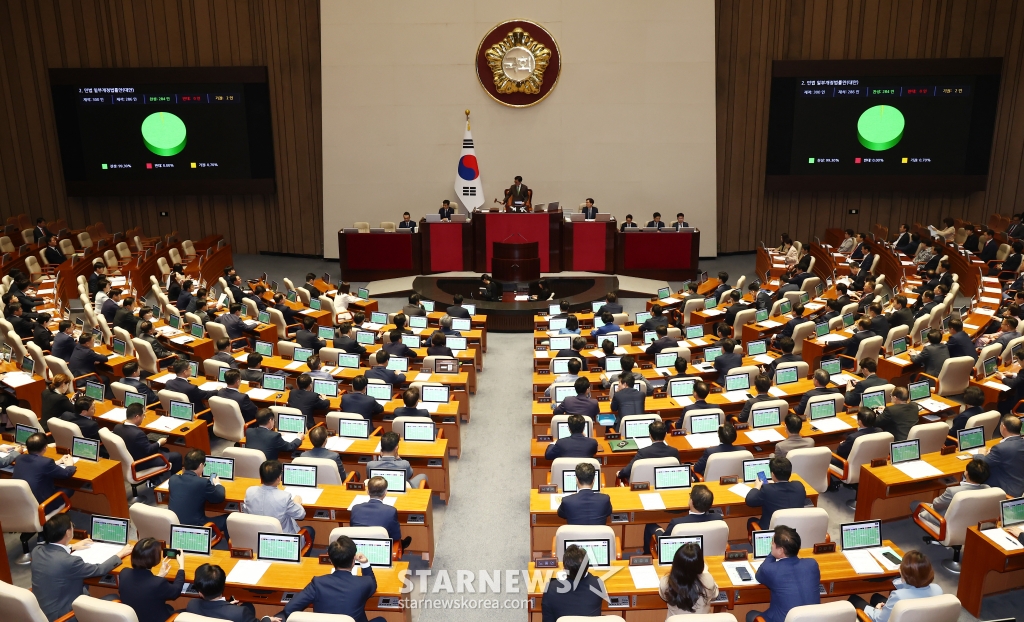 (서울=뉴스1) 김민지 기자 = 28일 오후 서울 여의도 국회에서 열린 제417회국회(임시회) 제2차 본회의에서 양육 의무를 저버린 부모가 상속권을 갖지 못하도록 하는 내용을 골자로한 이른바 '구하라법(민법 일부개정법률안)'이 재적 300인 중 재석 286인, 찬성 284인, 기권 2인으로 통과되고 있다. 2024.8.28/뉴스1 Copyright (C) 뉴스1. All rights reserved. 무단 전재 및 재배포, AI학습 이용 금지. /사진=(서울=뉴스1) 김민지 기자
