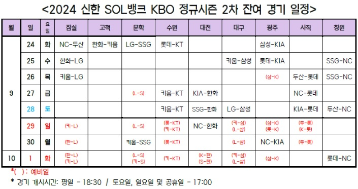 2024 KBO 리그 2차 잔여경기 일정. /사진=KBO 제공