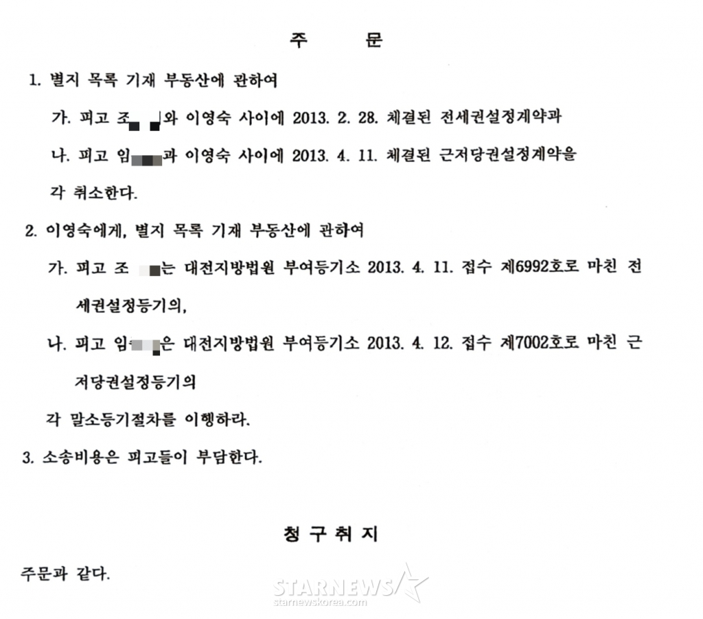 /사진=스타뉴스가 입수한 2013년 채권자 A씨가 이영숙을 상대로 제기한 사해행위쉬소 소송 판결문이다.