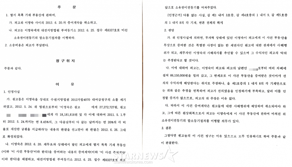 /사진=스타뉴스가 입수한 2012년 채권자 A씨가 이영숙을 상대로 제기한 사해행위쉬소 소송 판결문이다.
