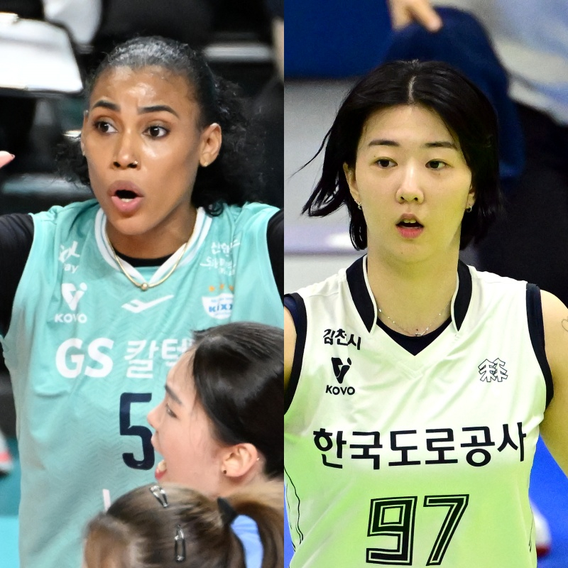 GS칼텍스의 지젤 실바(왼쪽)와 한국도로공사의 강소휘. /사진=한국배구연맹 제공