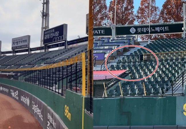2022년(왼쪽)과 2024년의 부산 사직야구장 펜스 변화. 오른쪽 사진의 빨간 원 안의 보조 펜스 높이가 낮아진 것을 확인할 수 있다. /사진=스타뉴스 DB, 롯데 자이언츠 제공